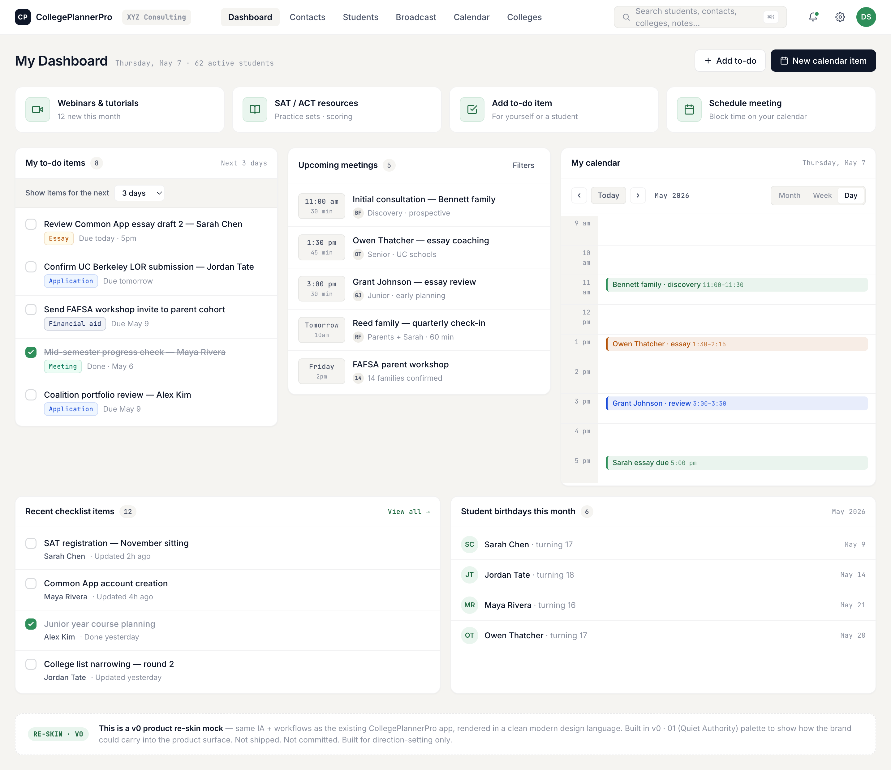CPP dashboard — students, deadlines, calendar in one view
